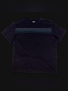 Lee Men’s Black Short-Sleeve Crewneck T-Shirt with Navy and Gray Chest Stripes